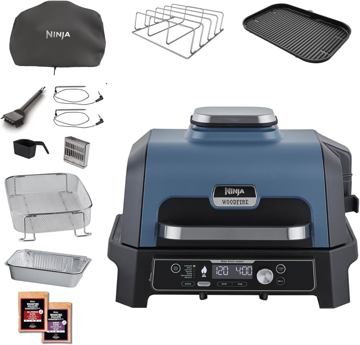 Ninja Woodfire Pro Connect XL Grill elektryczny BBQ I wędzarnia ze sterowaniem za pomocą aplikacji, 2 cyfrowymi sondami, dużym grillem zewnętrznym i smażeniem beztłuszczowym 7 w 1, OG901EUAMZ