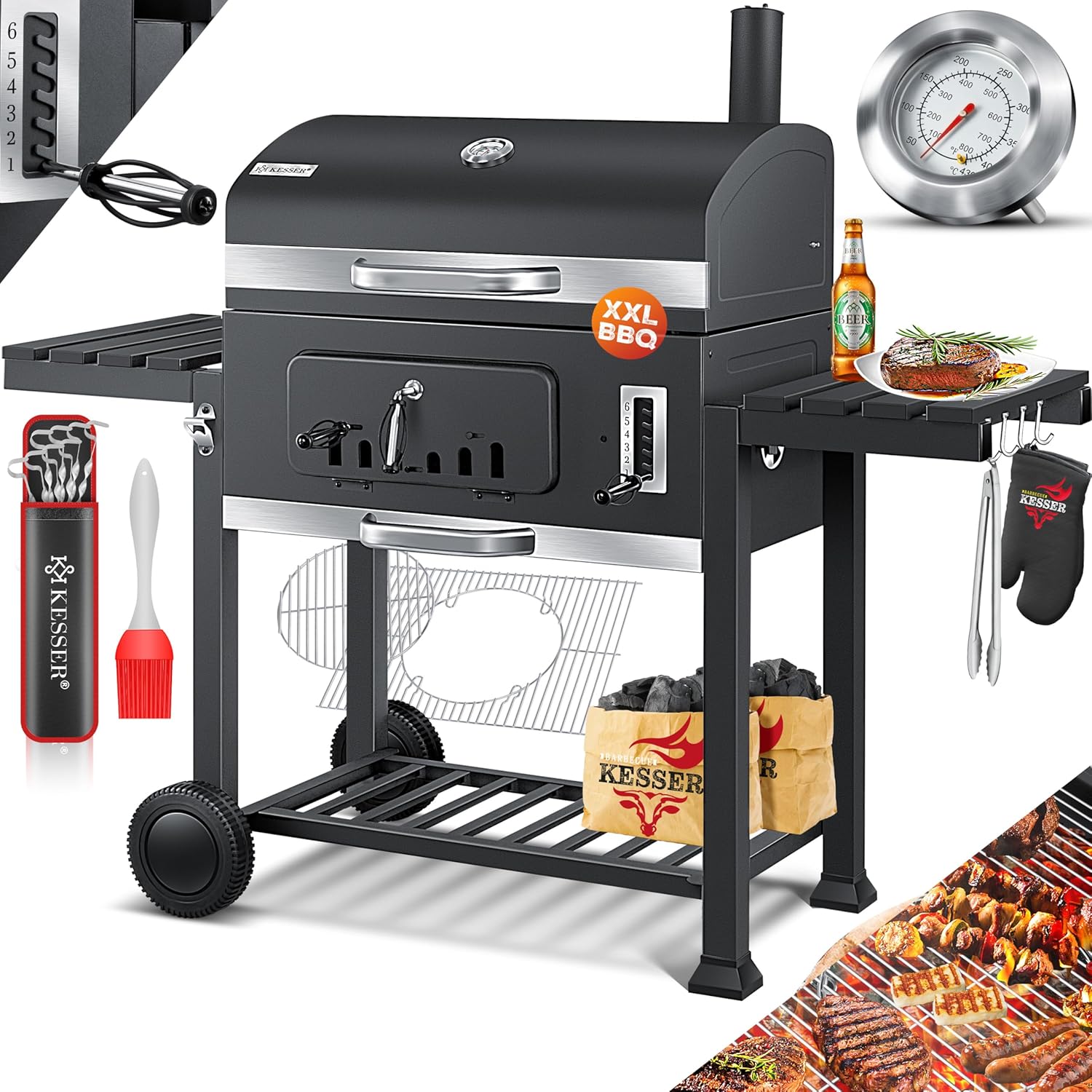 KESSER® Parilla de Carbón con Carrito Grill con Tapa, Ruedas, Mango de Acero Inoxidable | Barbacoa y Termómetro Carbón Grande BBQ Asador Camping, Terraza, Jardín XXL Gris