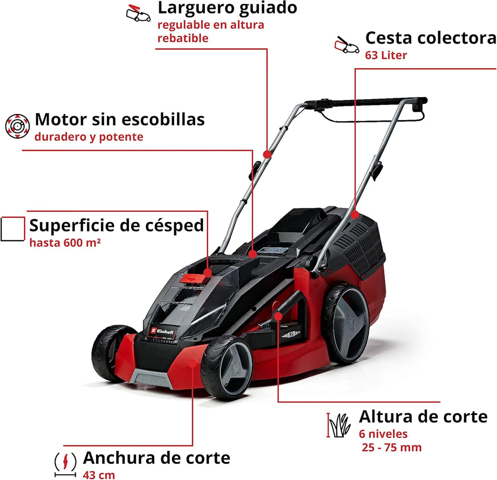 Einhell Battery mower GE-CM 43 Li M Kit Power X-Change (36V, 43 cm Cutting Width, up to 600 m², Brushless, Mulching Function, 63L Collecting Bag, with 2 x 4.0 Ah Batteries and 2 x Chargers)