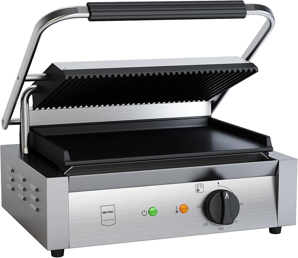 METRO Professional Plancha con Panini grill GPG1202, acero inoxidable, 43 x 36 x 20 cm, temperatura hasta 300°C, 45 paninis cada 60 minutos, plata