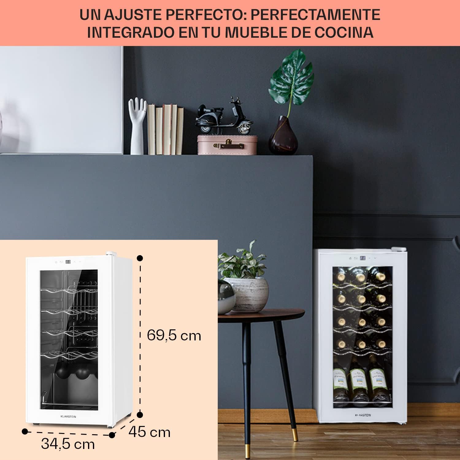 KLARSTEIN Vinoteca para Vinos de 44L Nevera Vino Una Zona, Botellas Vino, Proseco y Cervezas, Vinoteca Pequeña Puerta Cristal para Interior y Exterior, Nevera para Vinos Capacidad 15 Botellas