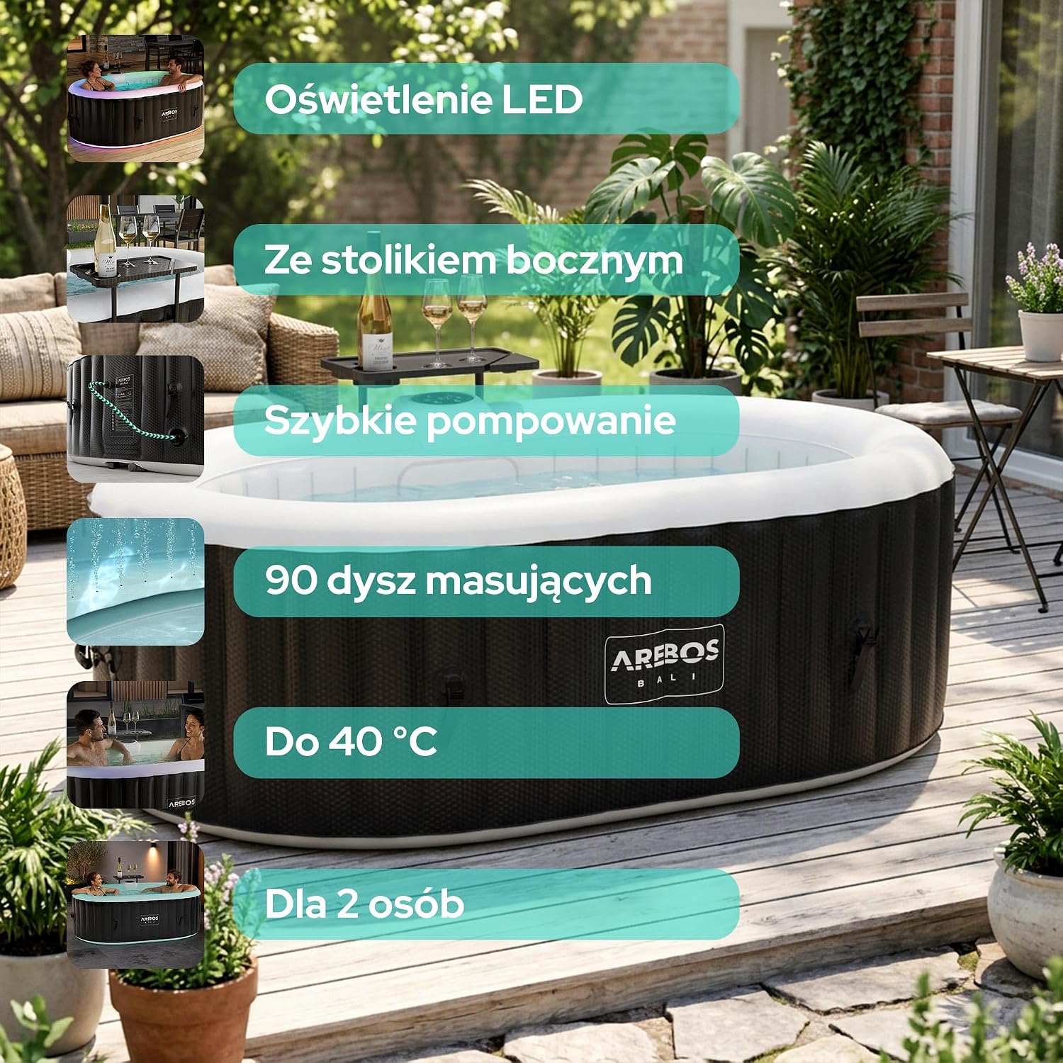 Arebos Nadmuchiwane spa z oświetleniem LED | Nadmuchiwane | Wnętrze i na zewnątrz | 190x120 cm Owal | 2 osoby | 90 dysz masujących | z ogrzewaniem | 550 litrów | Okładka w zestawie | Bąbelkowe Spa