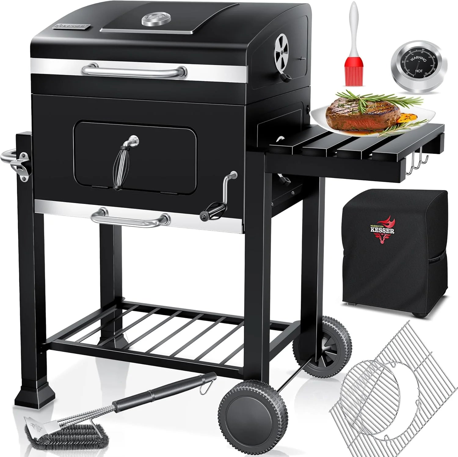 KESSER® Charcoal Grill with Grill Cart with Lid, Wheels, Stainless Steel Handle | Barbecue and Thermometer Charcoal Large BBQ Grill Camping Terrace Garden XXL Black