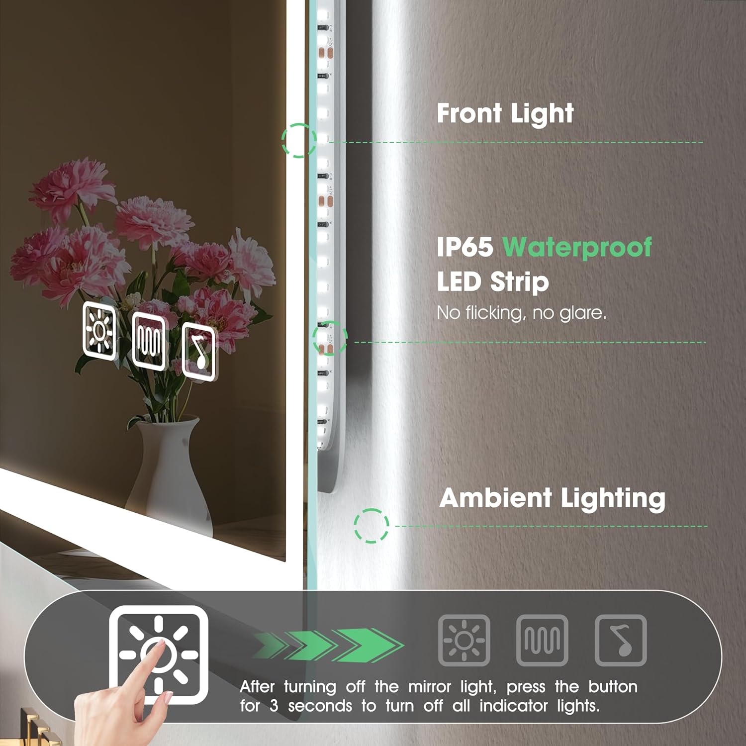 S'bagno Espejo-Baño-con-Luz 120x70cm, Espejo-Baño-LED-Bluetooth con Función Antivaho, 3000K/4000K/6500K, Regulable, Memoria, Cristal Templado HD, IP44-Espejos-de-Baño-con-LED, Horizontal/Vertical
