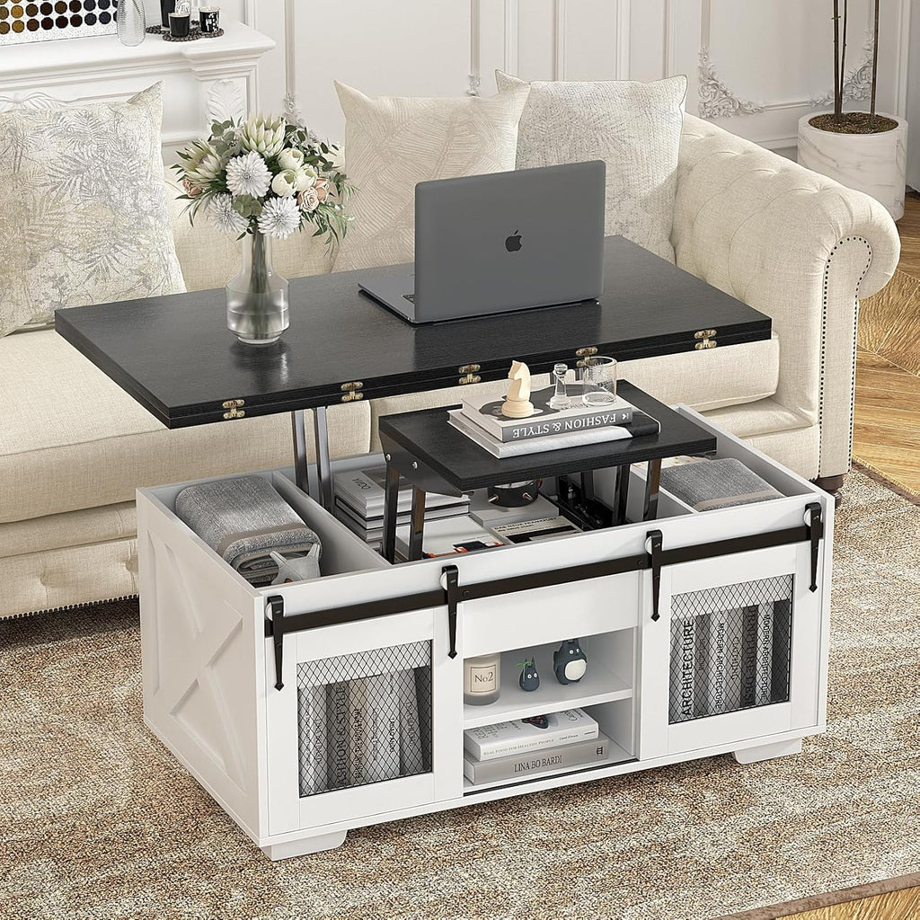 VOWNER Mesa de Centro Elevable, Mesa Extensible, Multifuncional 3 en 1 con Almacenamiento Oculto - Comedor, Convertible, Estilo Granja, Nogal
