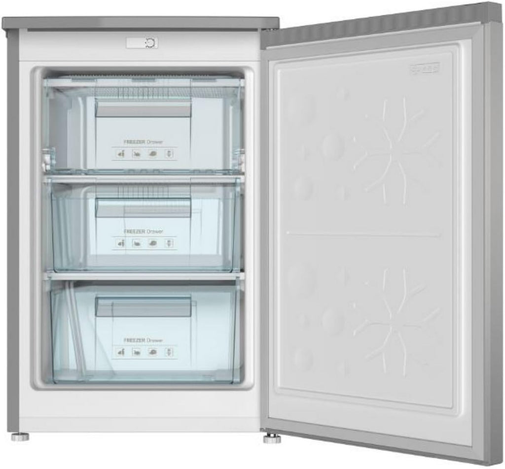 INFINITON CV-A85I - Congelador vertical, 80 Litros, 85 cm, 3 cajones, Control de temperatura, Puerta reversible, Regulación en Altura, E, Inox