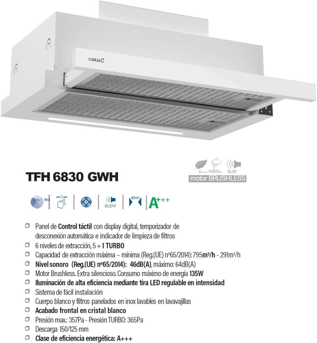 Cata Campana Extractora TFH 6830 GWH 6 Niveles de Extracción Panel de Control Táctil Nivel Sonoro 46 db Motor Extra Silencioso Iluminación LED Interior Blindado Fácil Limpieza Ancho 60 cm Color Blanco