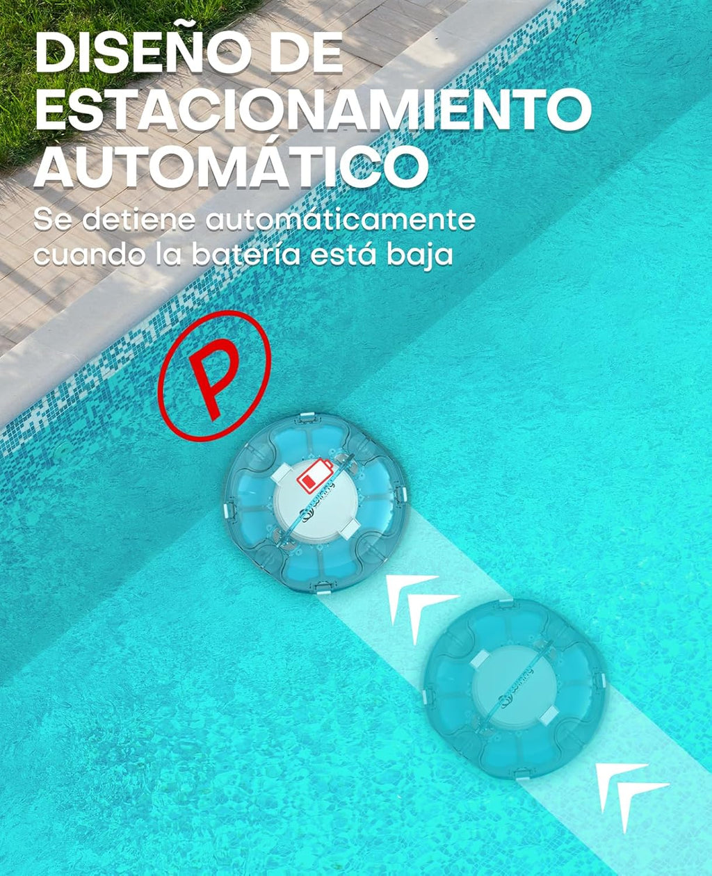 WINNY POOL CLEANER Winny 200 Limpiafondos Piscina, Inalámbrico Robot Limpiafondos Piscina, 75Min Autonomía, Piscinas Desmontables 60m², Doble Filtración, Estacionamiento Auto(Transparente Azul-Blanco)