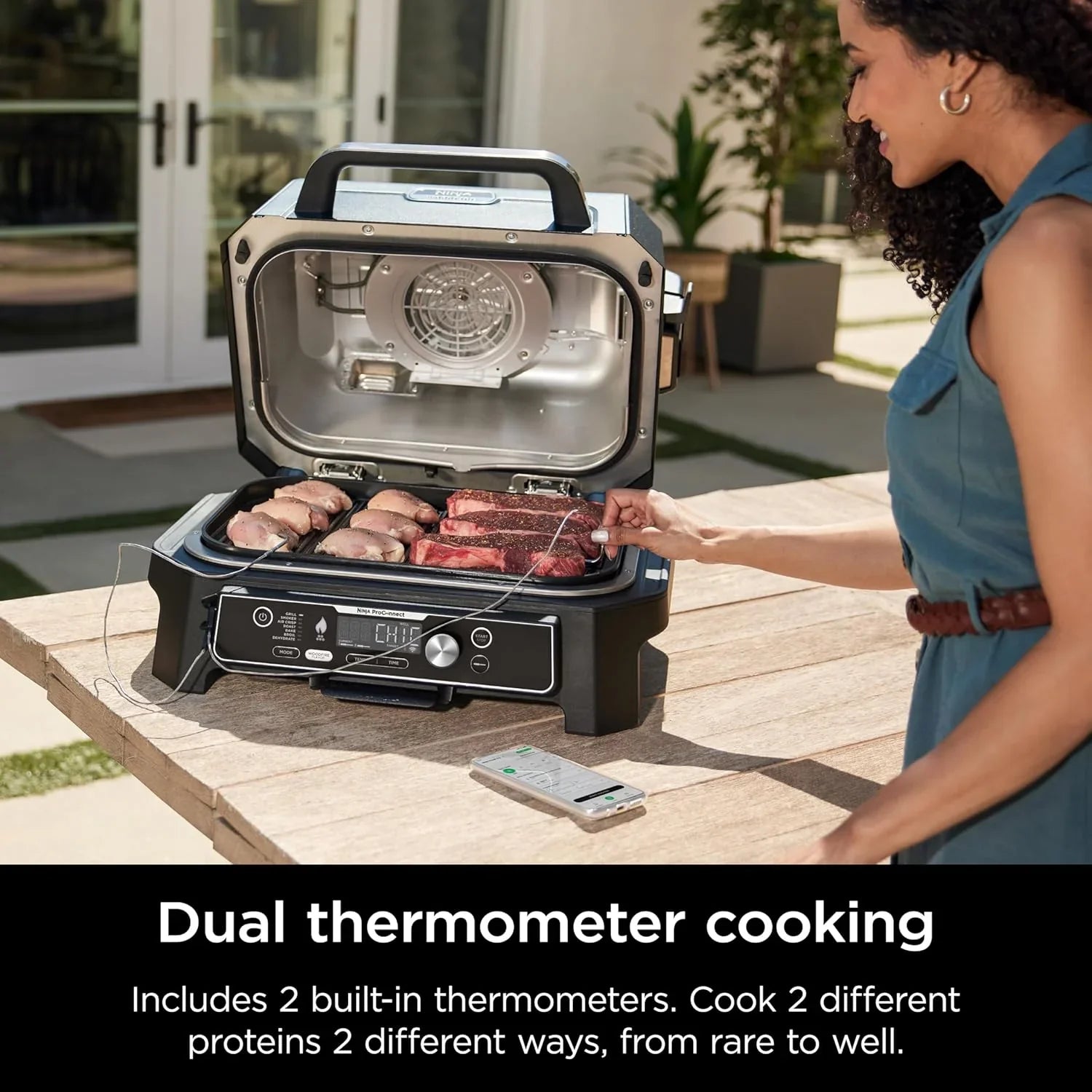 2026 Parrilla y ahumador exterior Ninja Woodfire Pro XL, termómetro, master grill 4 en 1, barbacoa ahumador, freidora de aire exterior, horno, portátil, parrilla eléctrica, gris oscuro, modelo OG850