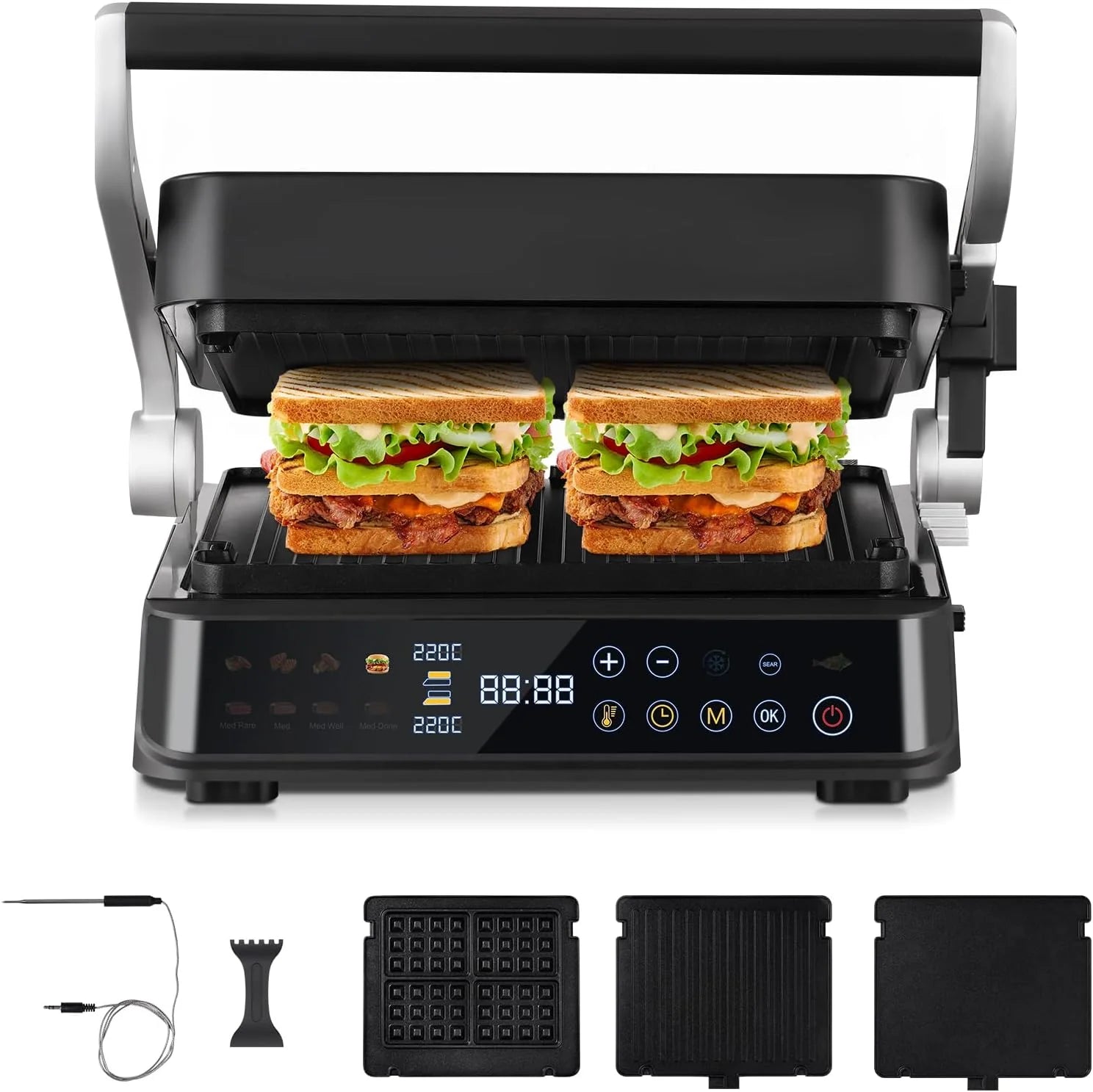 AMZCHEF Parrilla Eléctrica con 6 Programas, Función Sear hasta 280°C, Modo Manual, Sensor de Temperatura, Placas Desmontables y Bandeja para Gofres, Ideal para Carne, Pescado, Paninis y Gofres