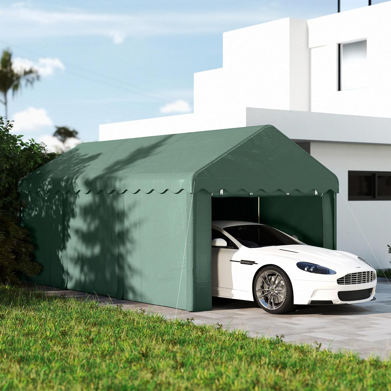 Outsunny Carpa Garaje 6x3 m Garaje Exterior para Coche Impermeable Garaje Portátil Anti-UV con Paredes Laterales Desmontables y 2 Puertas con Cremallera Verde