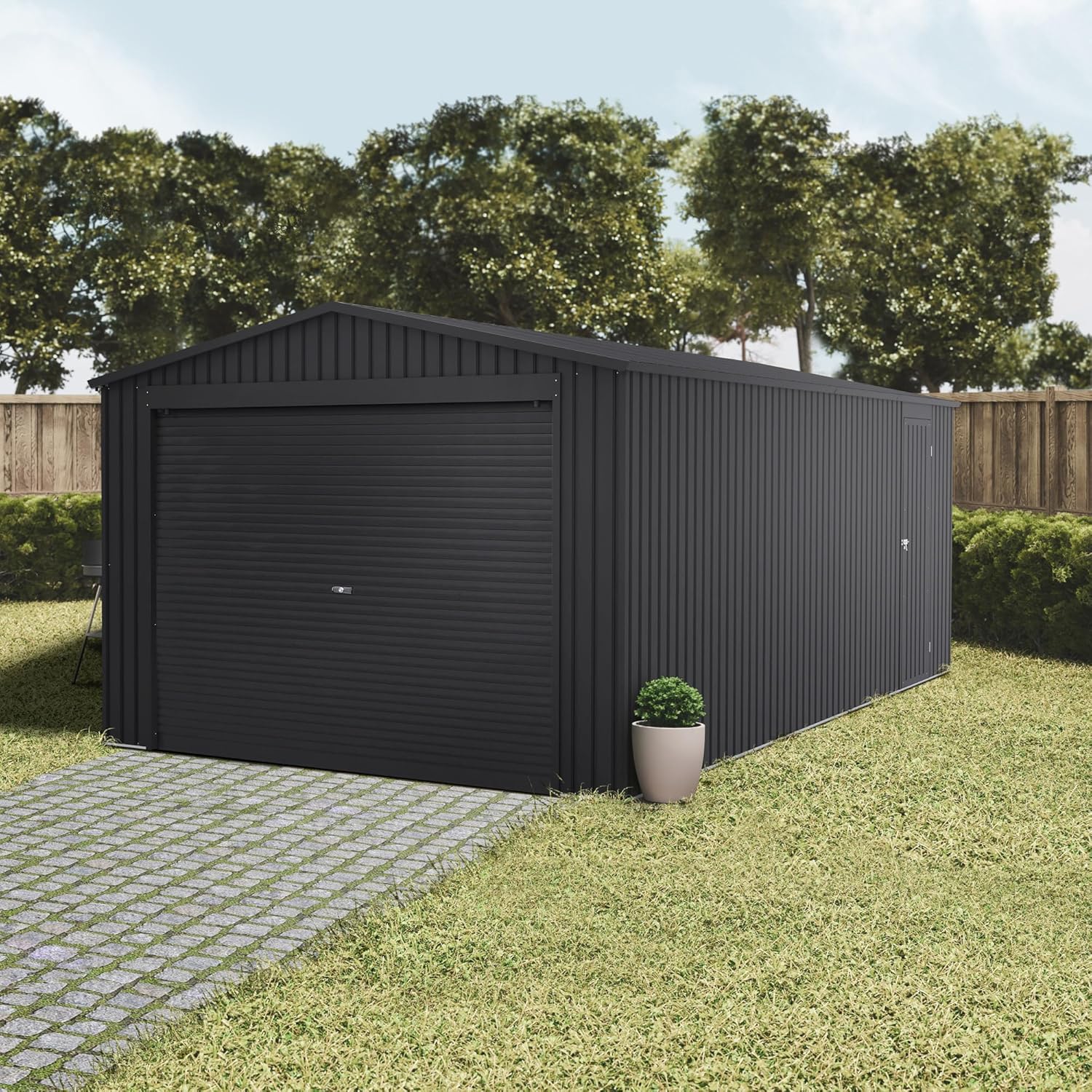 Wasabi - Garaje Metálico 19,52m2 Jarama – Portón Amplio Enrollable - Resguardo Exterior Coche - Cierre Seguridad Llave - Puerta Lateral Peatonal - Cochera Cobertizo Jardín Almacenaje – 576x338x243cm