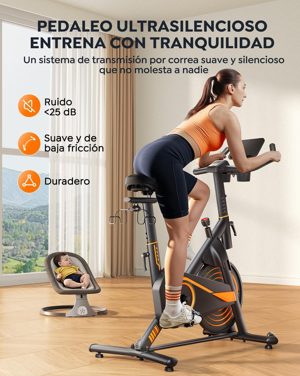 Bicicleta Eestática para Casa con APP, Bicicleta estatica Silenciosa con Resistencia Magnética 0-100%, Pantalla LED, Soporte para Mancuernas y Portavasos, Estructura Estable, MAX 160KG