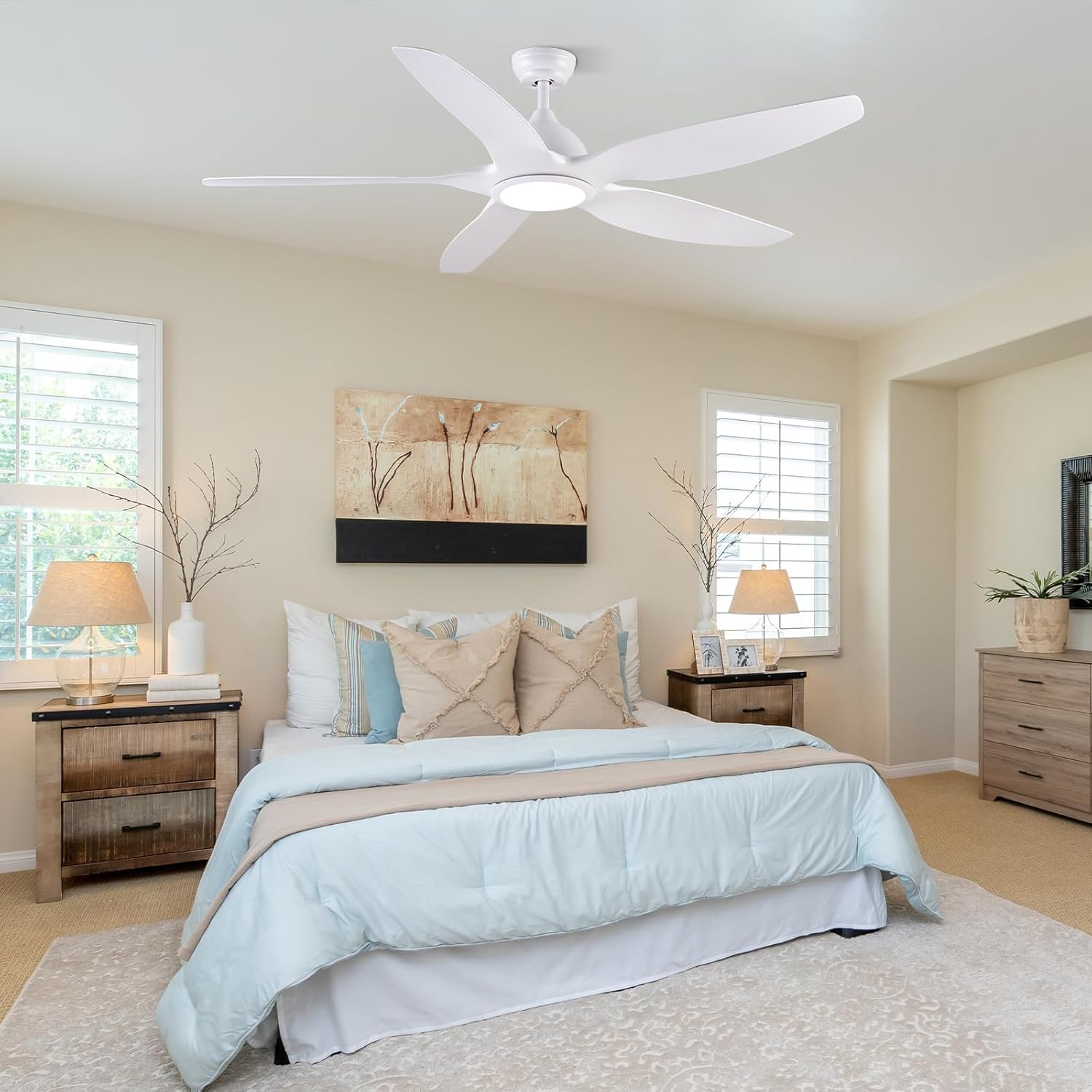 Newday 153cm Grande Ventilador de Techo Blanco con Luz y Mando a Distancia, LED Dimmer, Motor DC reversible para uso en verano e invierno, 5 aspas Silencioso para Dormitorio Sala de estar del Balcón