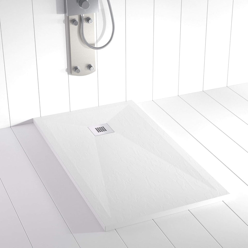 Plato de ducha Resina PLES Blanco 150x80 – Textura Pizarra – Antideslizante – Incluye rejilla y sifón
