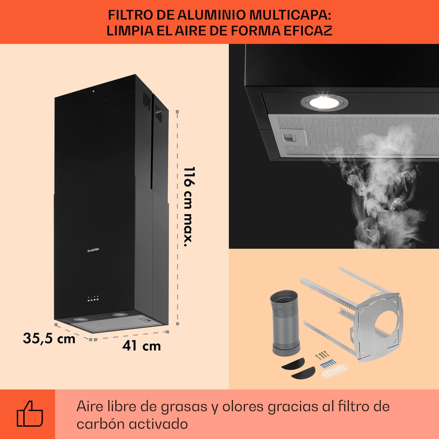 Klarstein Campana Isla Cocina, Extractor para Islas, Campana Techo Flujo Aire 641m³/h, Temporizador, Extractora Isla Regulable, Humos 3 Modos y Filtros de Carbón Activo