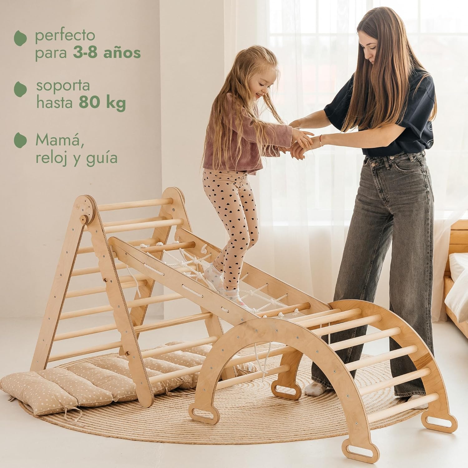 5 en 1 Montessori Juego de Escalada Interior para Niños Pequeños - Gimnasio de Madera para Niños Escalera Triangular & Arco & Rampa de Escalada & Red & Cojín - Gimnasio de Madera para niños pequeños