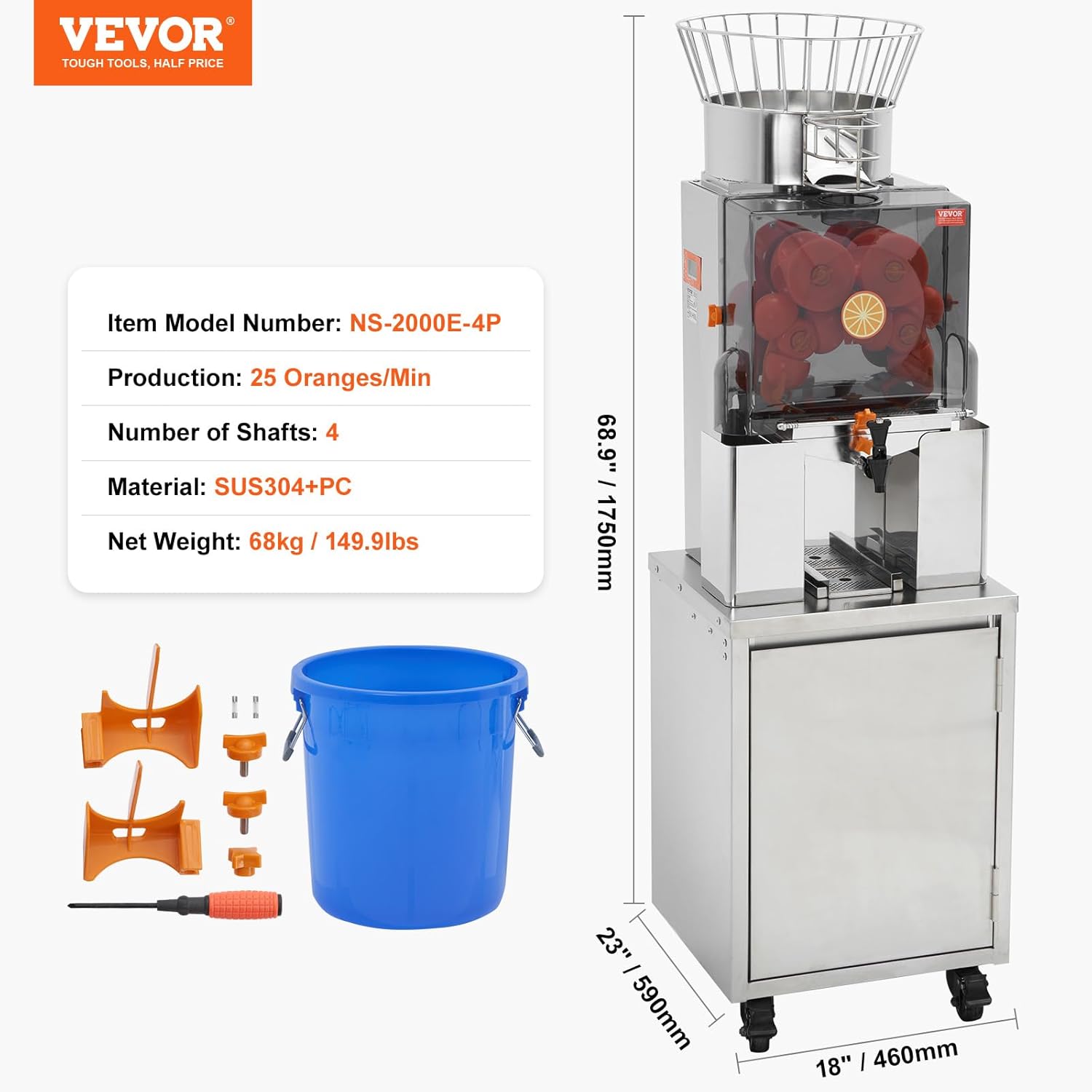 VEVOR Exprimidor de Cítricos Eléctrico 120 W Extractor de Zumo de Naranja Comercial Automático con Filtro Extraíble Cubo de Recolección de Cáscaras y Grifo para Restaurantes, Cafeterías, Fruterías