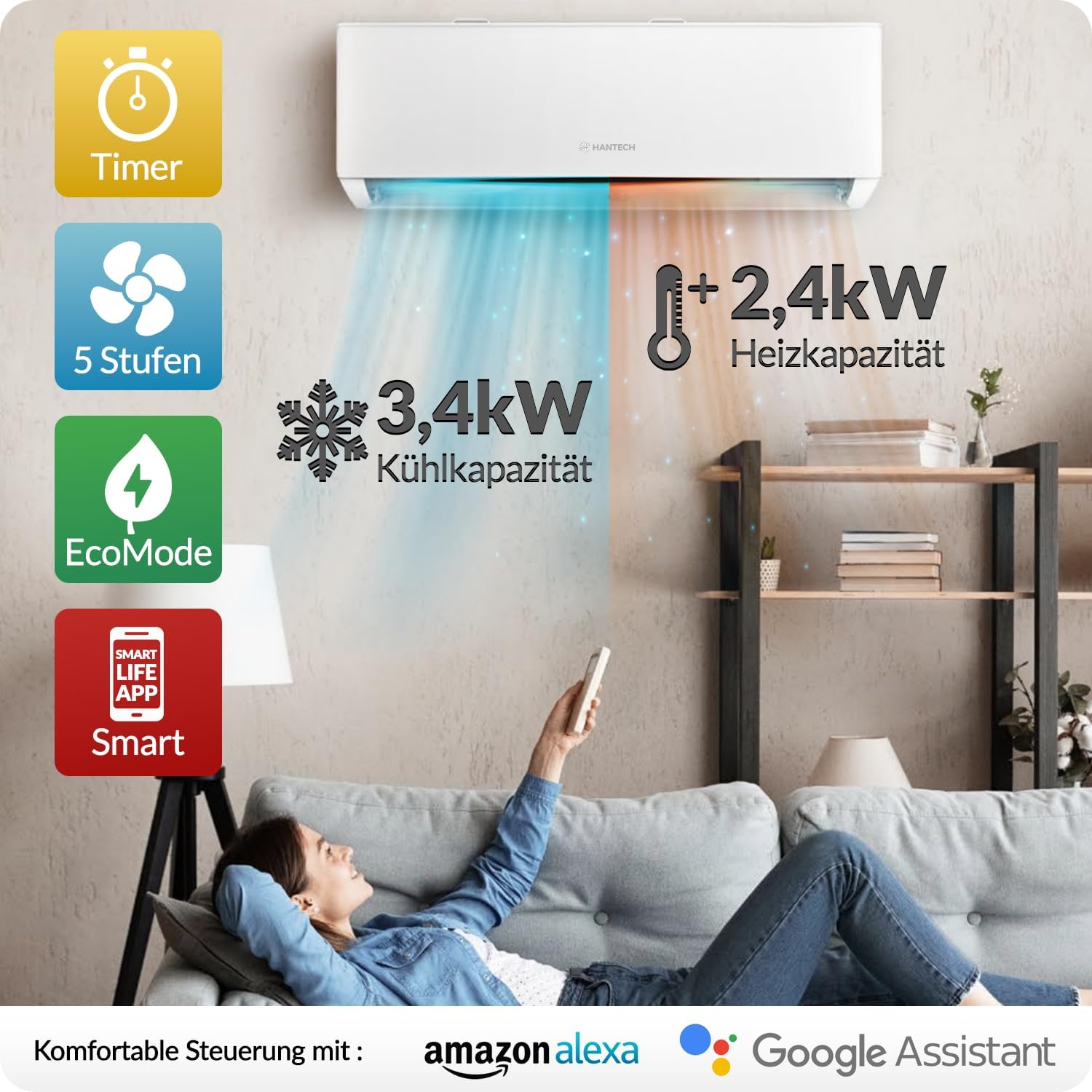 HANTECH Split aire acondicionado 12000 BTU H-PRO función de calefacción y refrigeración, filtro de aire, WIFI, material de montaje