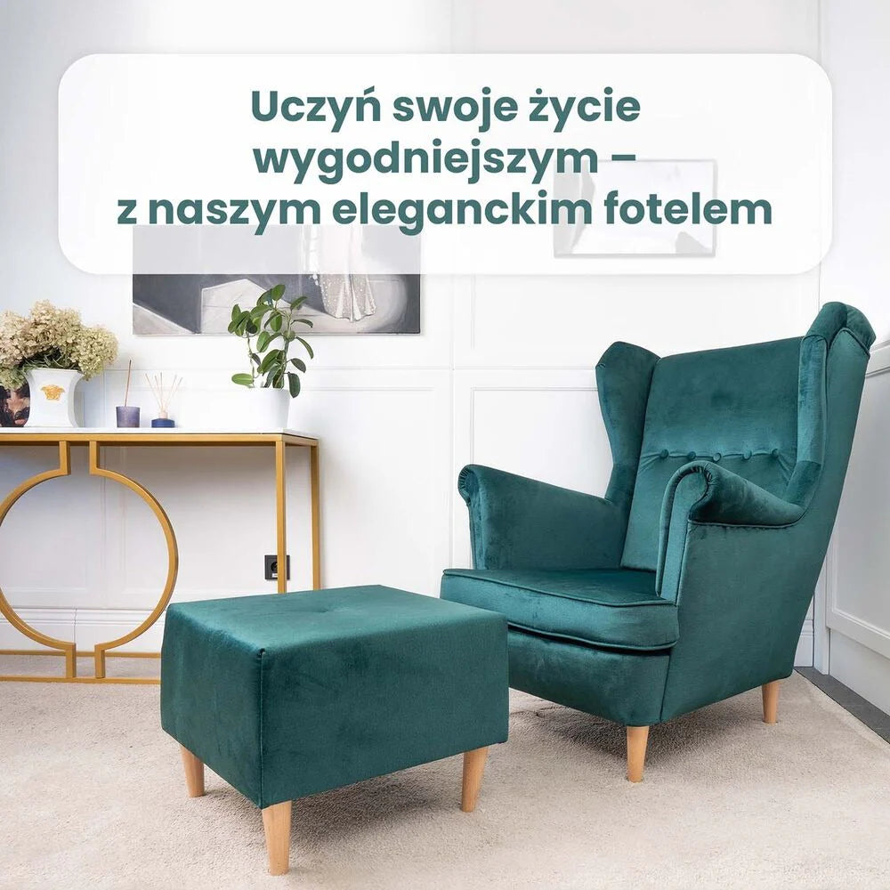 Fotel uszak z podnóżkiem Jane, zielony