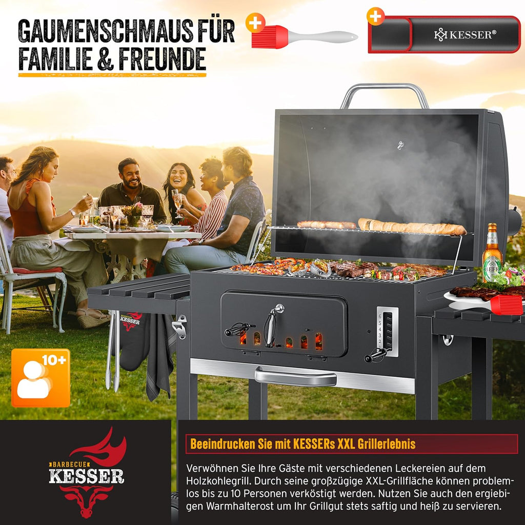 KESSER® Parilla de Carbón con Carrito Grill con Tapa, Ruedas, Mango de Acero Inoxidable | Barbacoa y Termómetro Carbón Grande BBQ Asador Camping, Terraza, Jardín XXL Gris