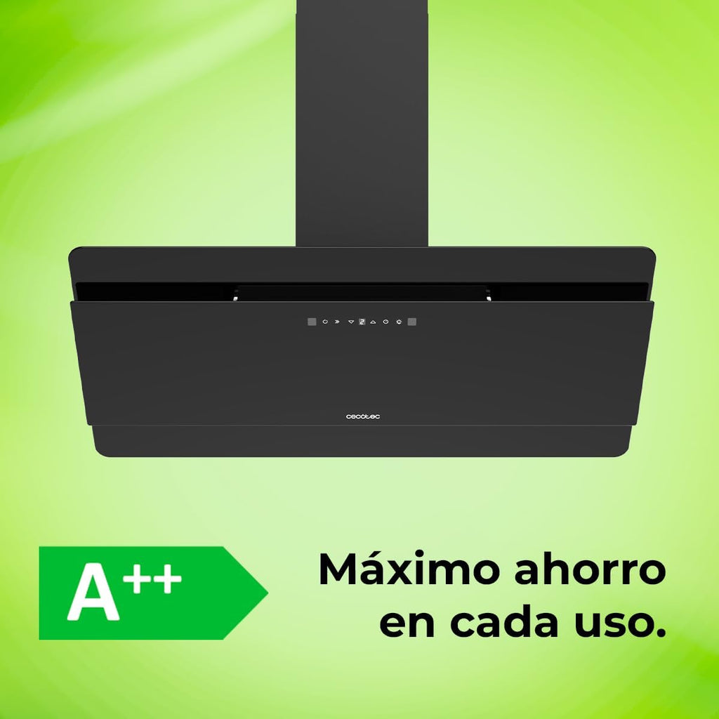 Cecotec Campana Decorativa 90 cm Flux Dt 908000 Glass Black A++. Vidrio Negro, 800M3/H de Potencia, Motor 210W, A++, Control Táctil, 3 Niveles + Booster, Hand Movement Control