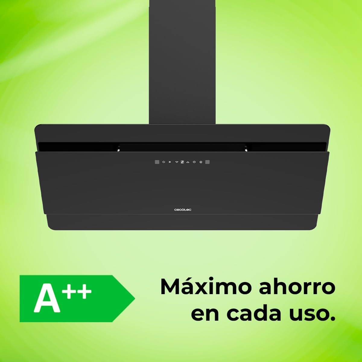 Cecotec Campana Decorativa 90 cm Flux Dt 908000 Glass Black A++. Vidrio Negro, 800M3/H de Potencia, Motor 210W, A++, Control Táctil, 3 Niveles + Booster, Hand Movement Control