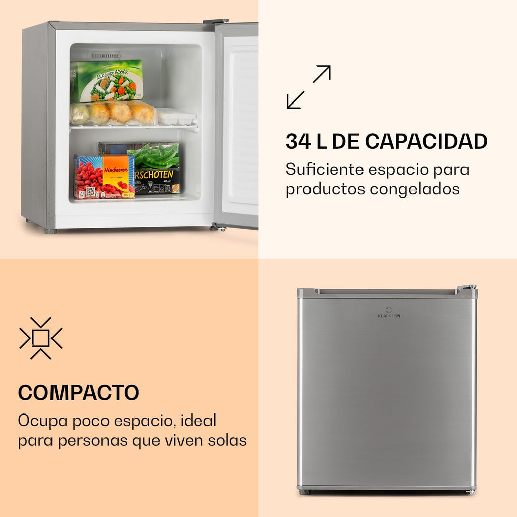 Klarstein Congelador Pequeño Vertical, Mini Congelador Portatil Silencioso para Casa y Oficina, Capacidad 33 l. con Estante, Eficiencia Energética, Estante, Dep. Hielos y Rascador