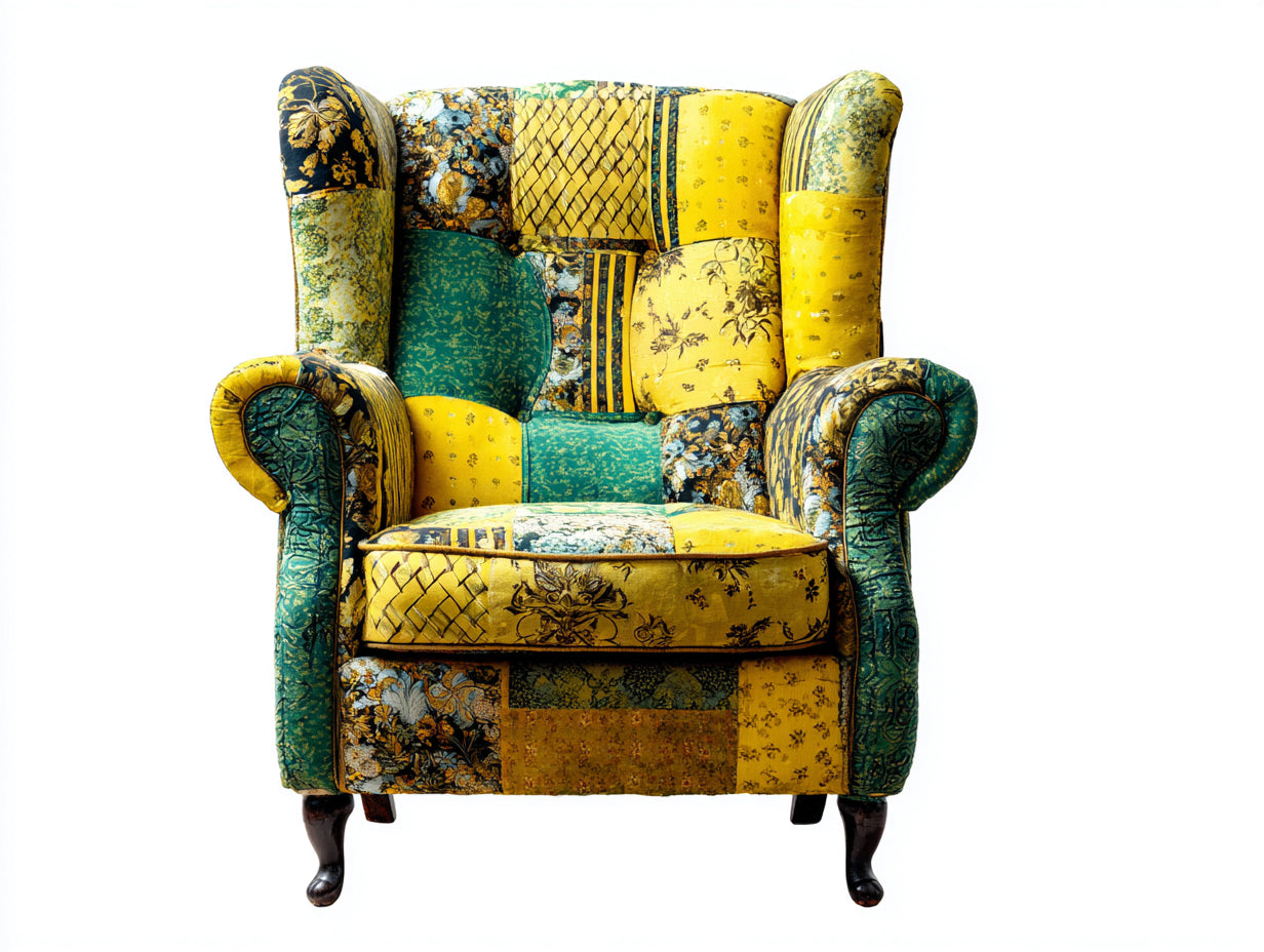 Sillón orejero tela 85x80x110 cm color amarillo-verde apto para salón diseño patchwork con reposabrazos