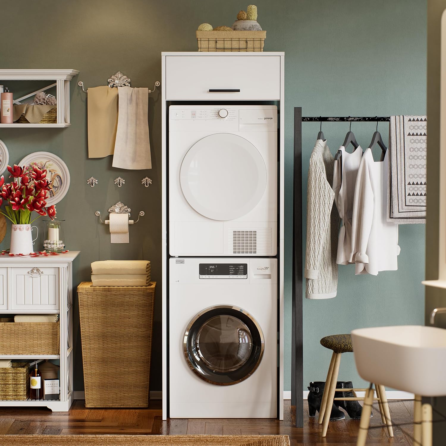 MSFE Armario para Secadora y Lavadora,Mueble Lavadora con Espacio de Almacenamiento,Estantería Organizador de Baño,Estantería para Cuarto de Baño,200 * 65 * 65 CM,Enviado en 2 Paquetes