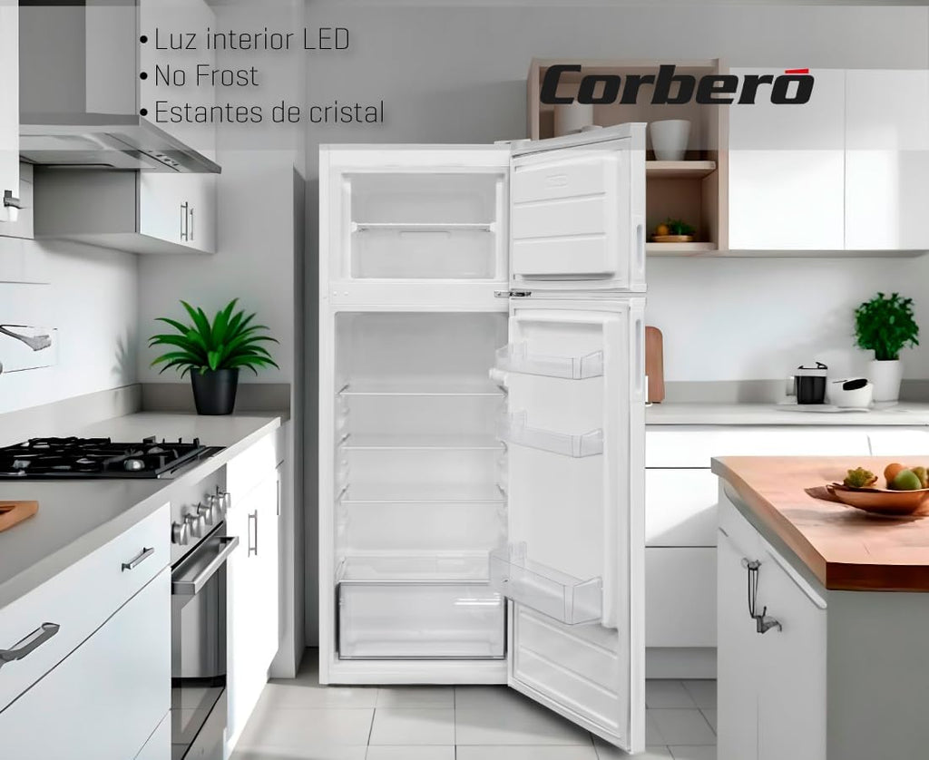 Corberó - Frigorífico 2 Puertas | CF2PV21324W | 57x54x145 | Capacidad 212L | Luz Interior, Crisper, Balcones Ajustables, Descongelación Manual, Estantes de Cristal, Huevera, Cubiteras | Blanco