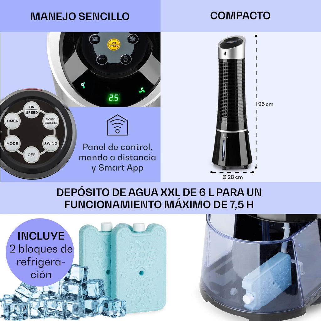Klarstein Skyscraper Ice Smart Climatizador Evaporativo – 4 en 1: Ventilador, Enfriador, Purificador & Humidificador, 210 m³/h, Control App & Alexa, Depósito 6L, Oscilación, Ionizador, Negro