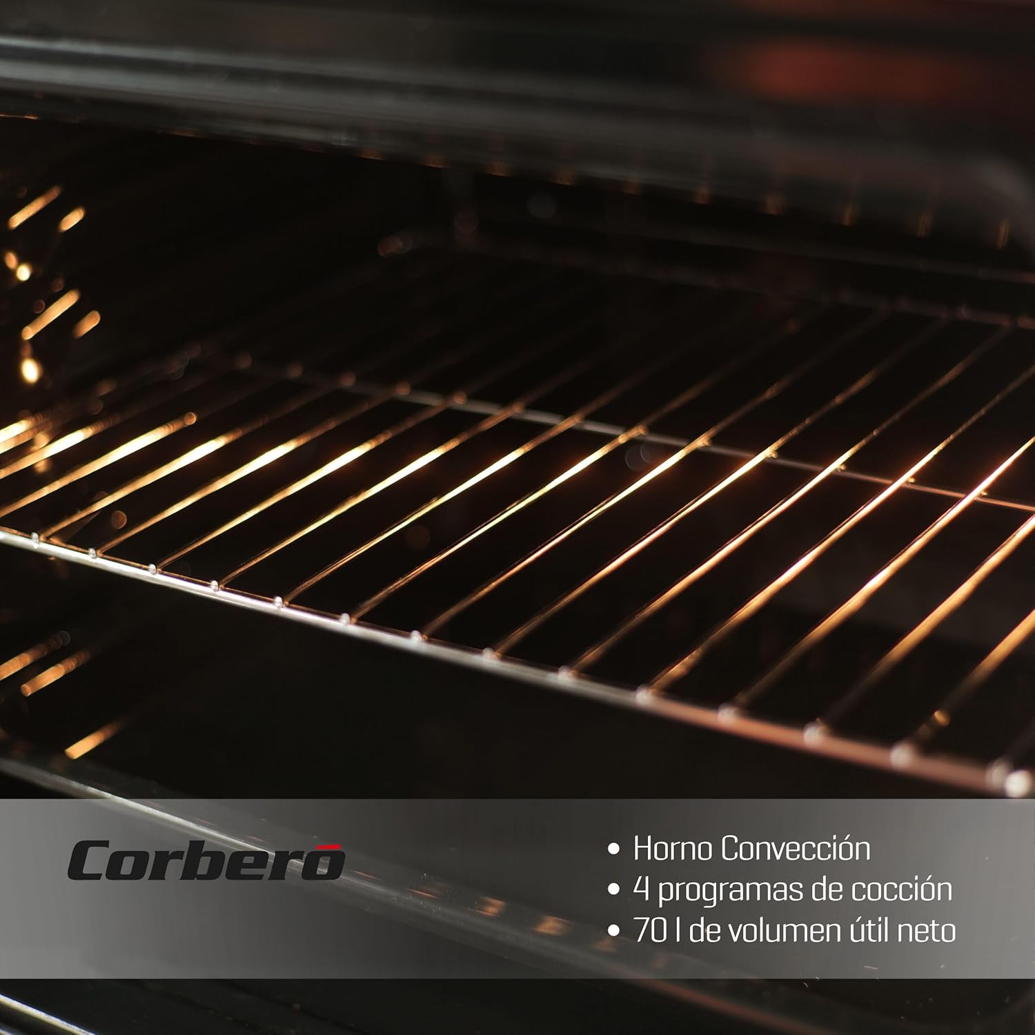 Corberó - Horno convección 70L | CCHM603X | 60x60x58 cm |Convencional con 4 Programas | Luz Interior | Limpieza Hidrólisis | Puerta Doble Cristal | 2100W | Negro perfil Inox
