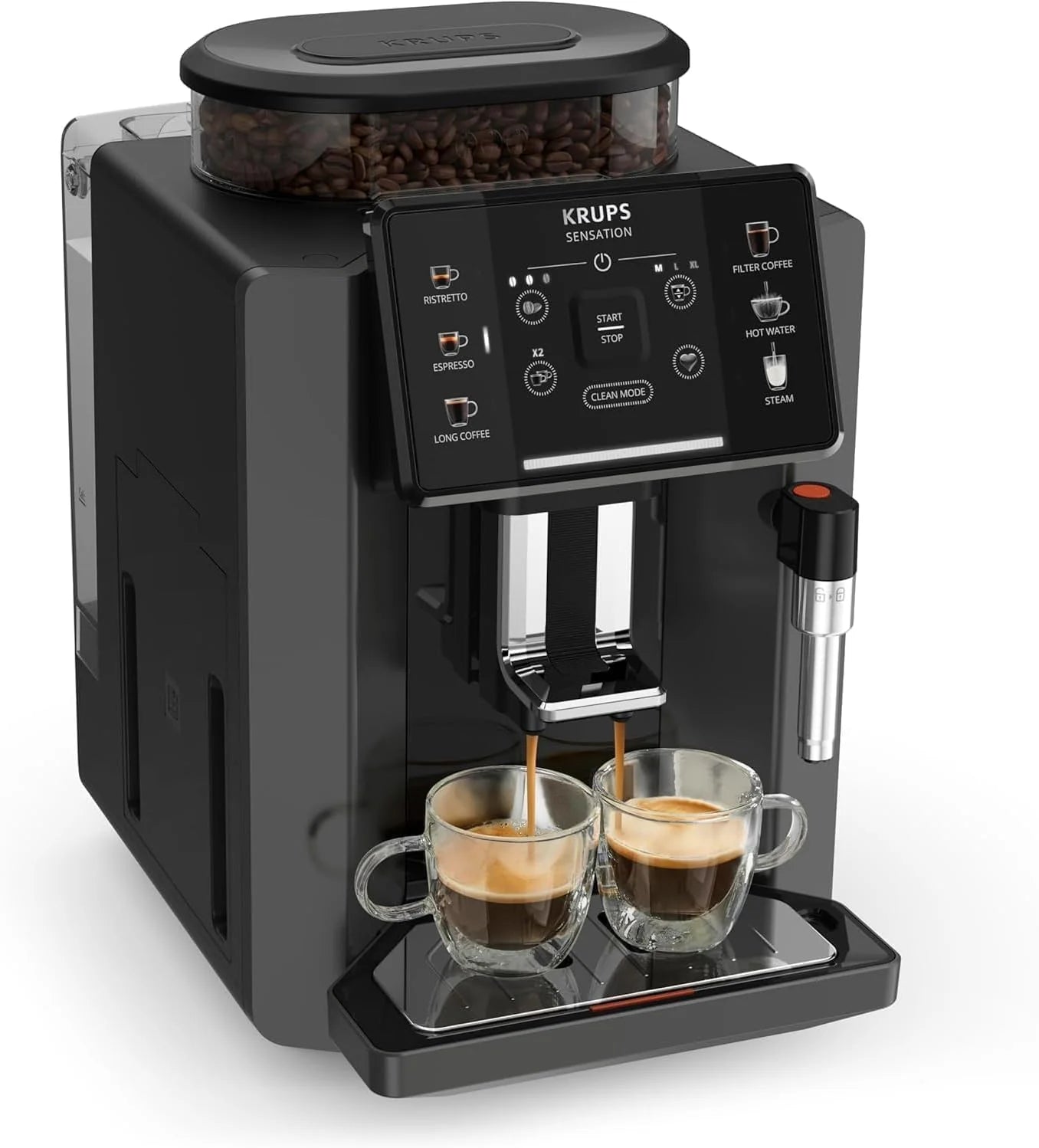 Krups Sensation C50, Superautomatic coffee maker, Power 1450W, Easy use, 5 types of drinks, Easy maintenance, Light alerts, Convenient cleaning, Custom settings, Steam nozzle, EA9108