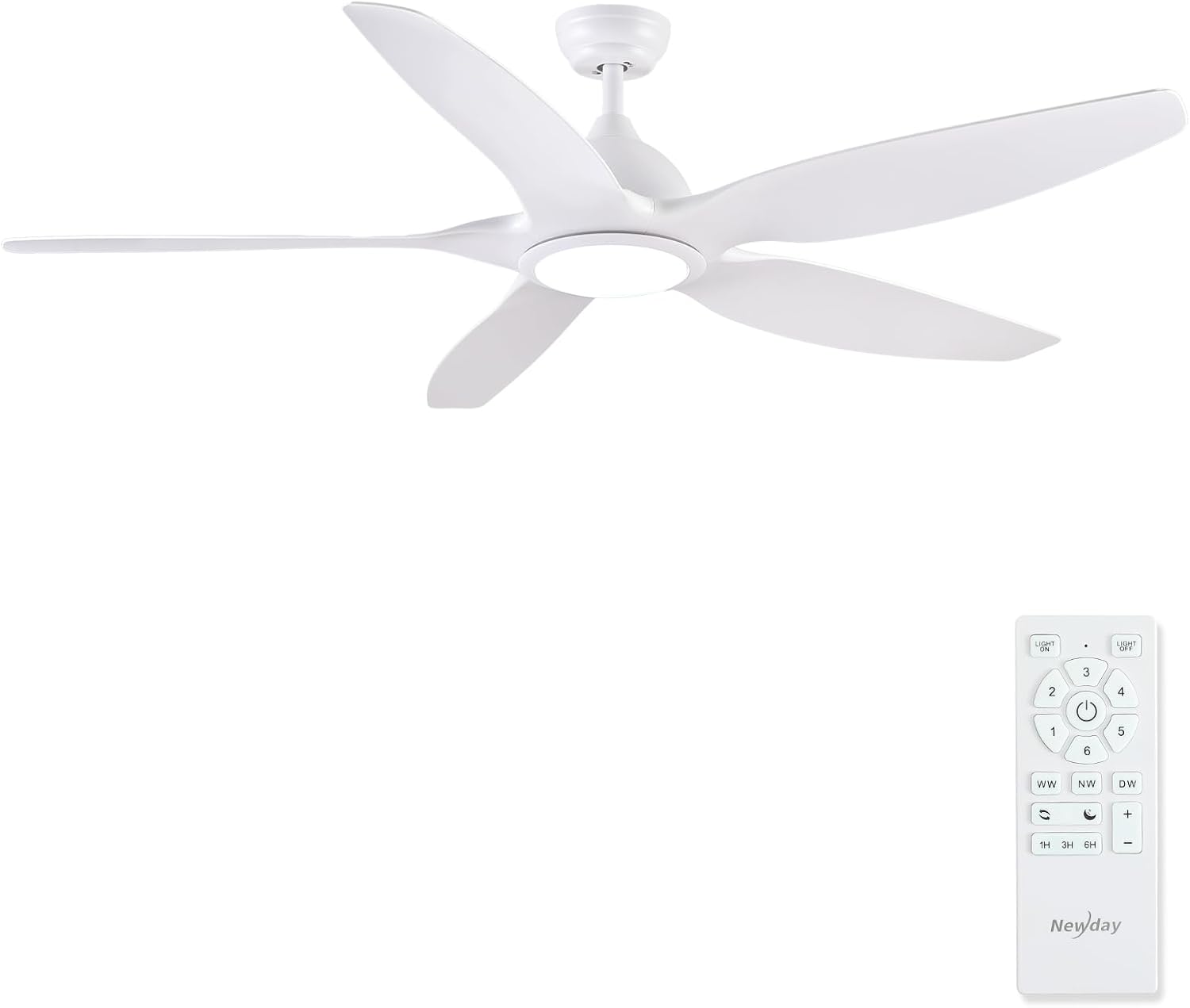 Newday 153cm Grande Ventilador de Techo Blanco con Luz y Mando a Distancia, LED Dimmer, Motor DC reversible para uso en verano e invierno, 5 aspas Silencioso para Dormitorio Sala de estar del Balcón