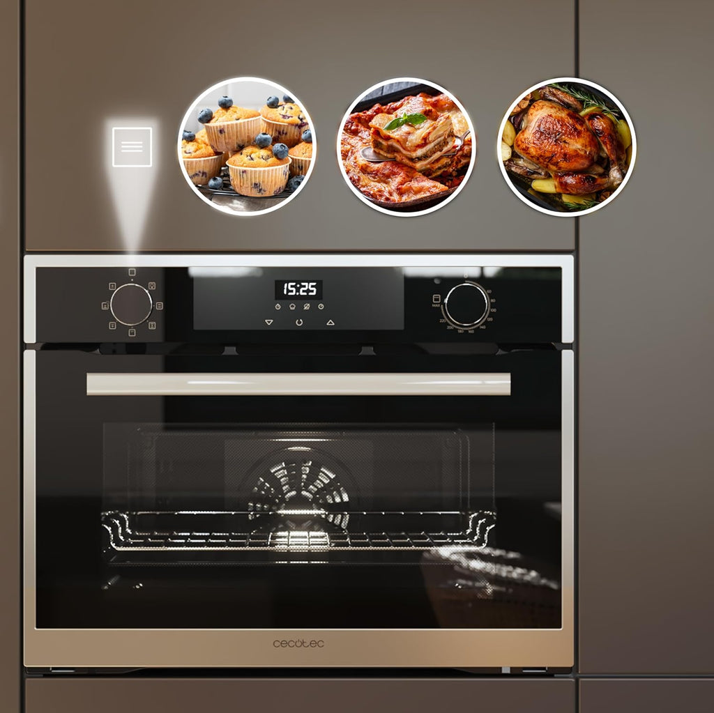 Cecotec Horno Integrable 45cm Alto Multifunción Bolero Hexa M224500 Edge A. 2600W, 53L Capacidad, 7 Funciones, Grill, Fan Assisted Grill, Convección, Defrost, Steam Base X2, Steam EasyClean, Vapor