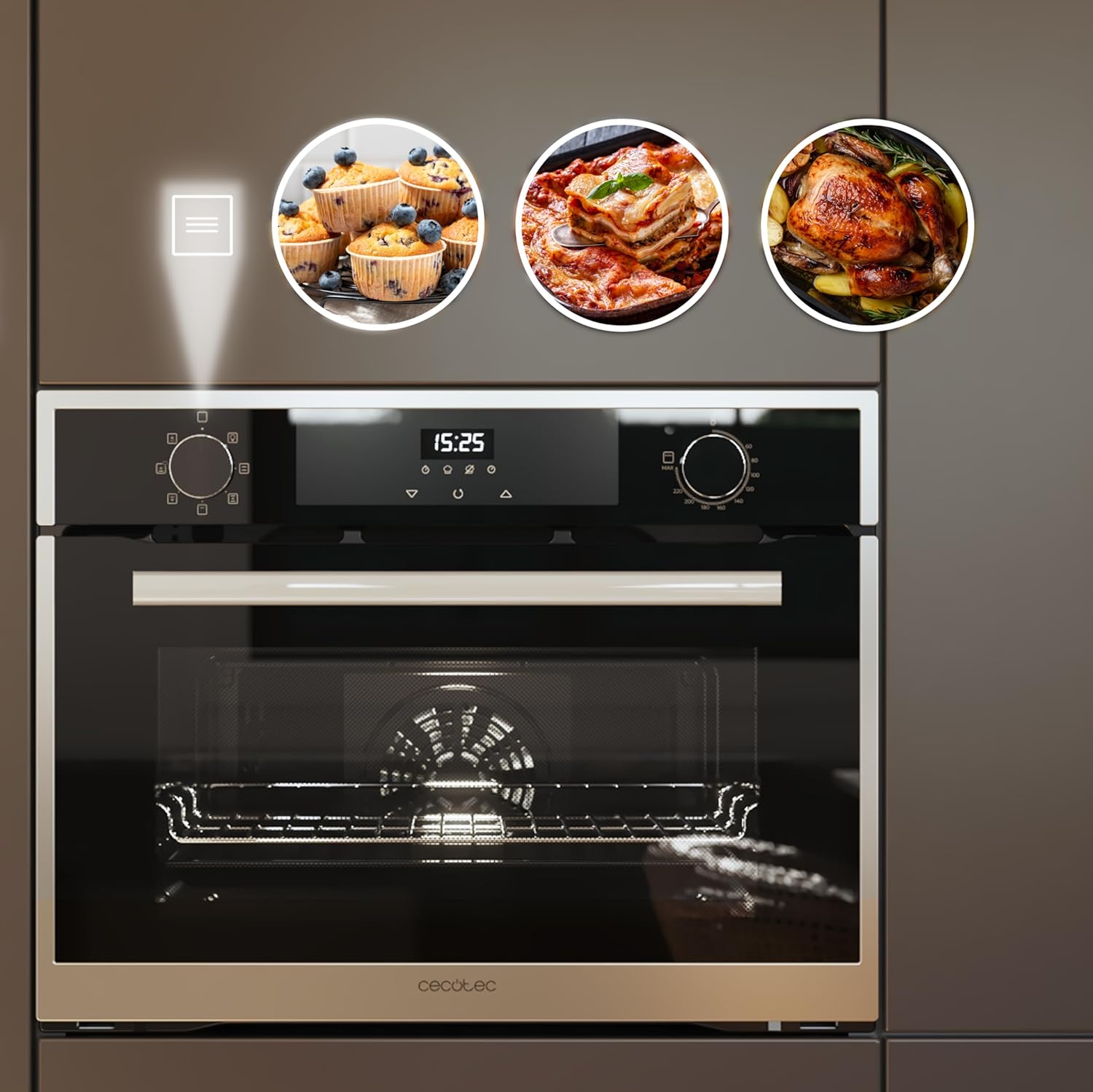 Cecotec Horno Integrable 45cm Alto Multifunción Bolero Hexa M224500 Edge A. 2600W, 53L Capacidad, 7 Funciones, Grill, Fan Assisted Grill, Convección, Defrost, Steam Base X2, Steam EasyClean, Vapor