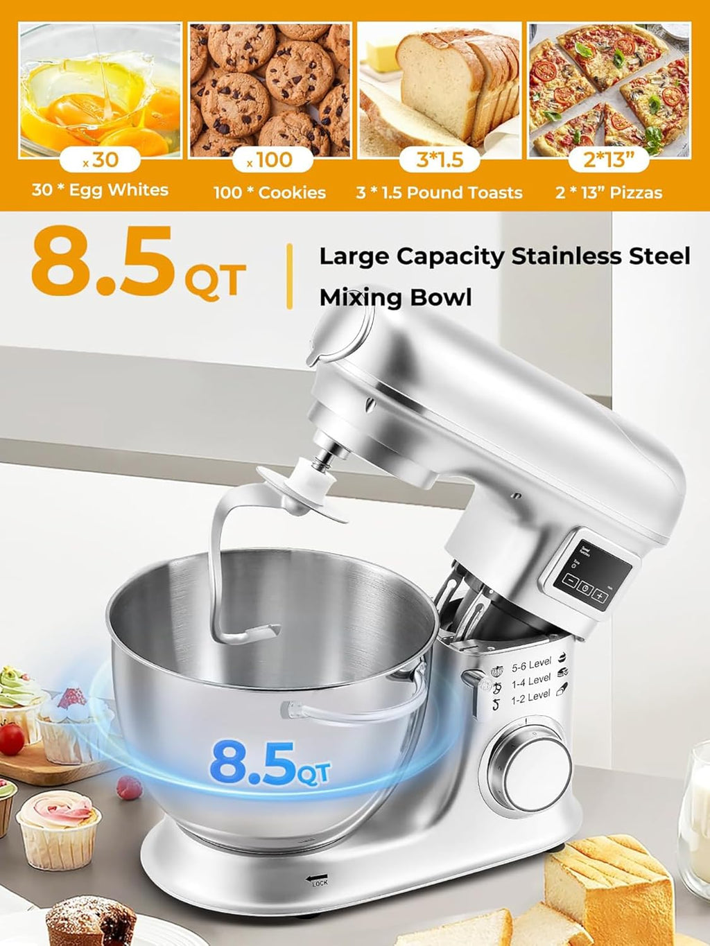 Batidora de pie de 8 l - Batidora eléctrica de cocina con pantalla LED, 6 velocidades, cabezal inclinable, recipiente de acero inoxidable, incluye picadora de carne, gancho para masa, batido