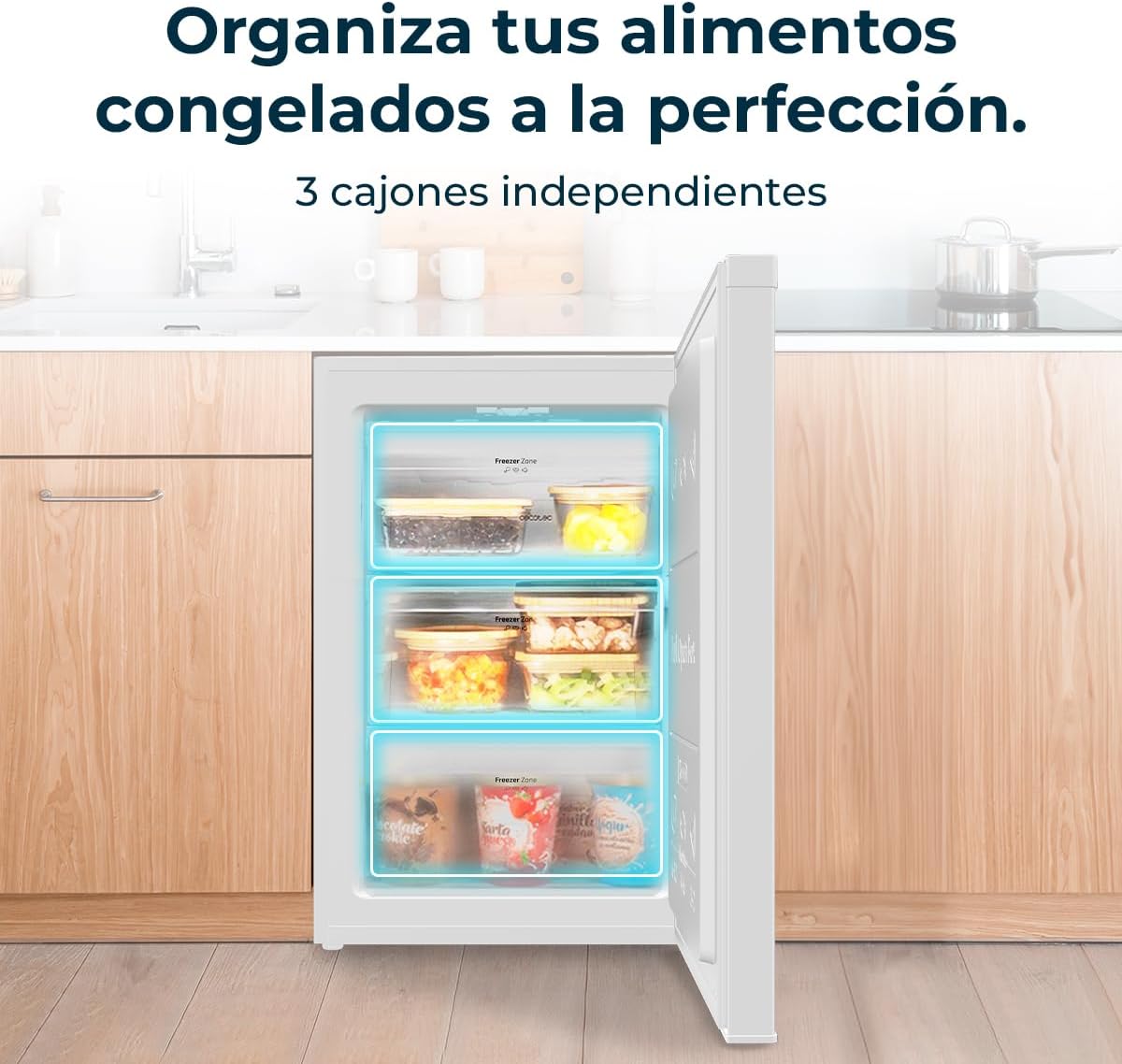 Cecotec Congelador Vertical Sobremesa 97 L Bolero CoolMarket TF 97 White, Clase Energética E, Diseño compacto, Puerta reversible, 3 Cajones, Medidas 55,1 x 57,5 x 83,5 cm, Color Blanco