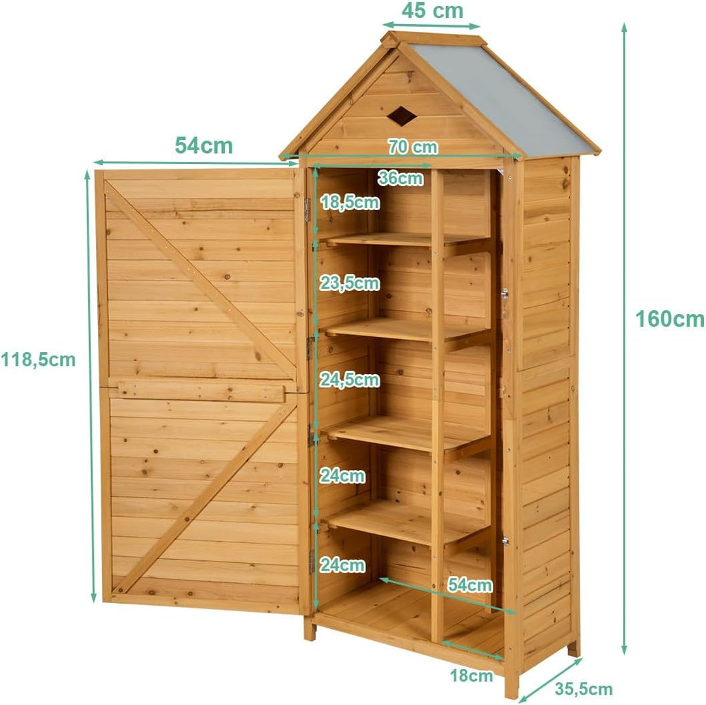 COSTWAY Caseta Jardin Exterior de Madera, Cobertizo Jardin Exterior con 5 Estantes y 2 Puertas con Cerradura, Armario para Herramientas con Techo Impermeable para Jardín Balcón Terraza (70x45x160cm)