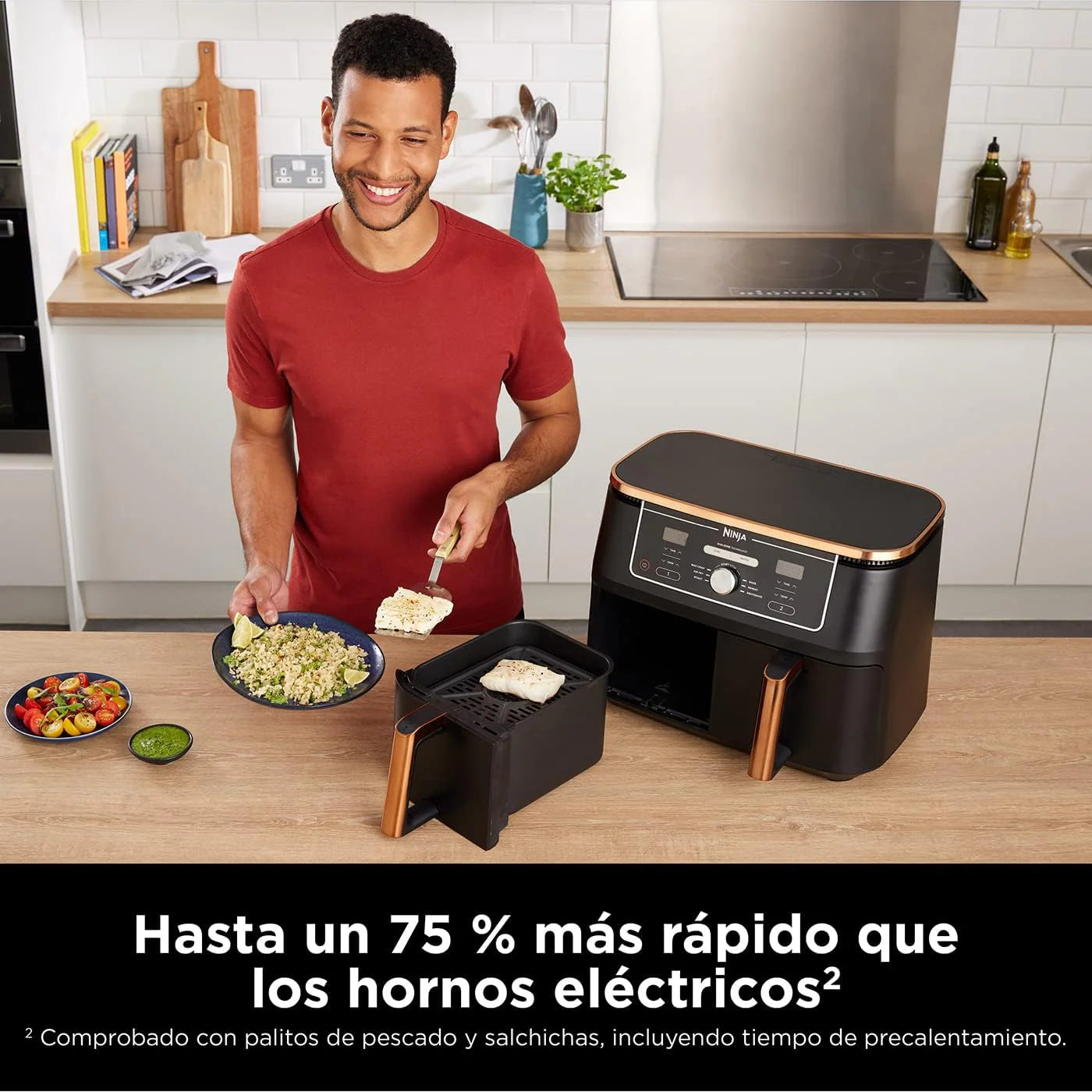 Ninja Foodi MAX Dual Compartment Air Fryer, 9.6L, 6-in-1, No Oil, Max Crisp, Roast, Bake and More, Tongs, 8 Servings, Non-Stick Baskets, Copper & Black, AF400EUCP
