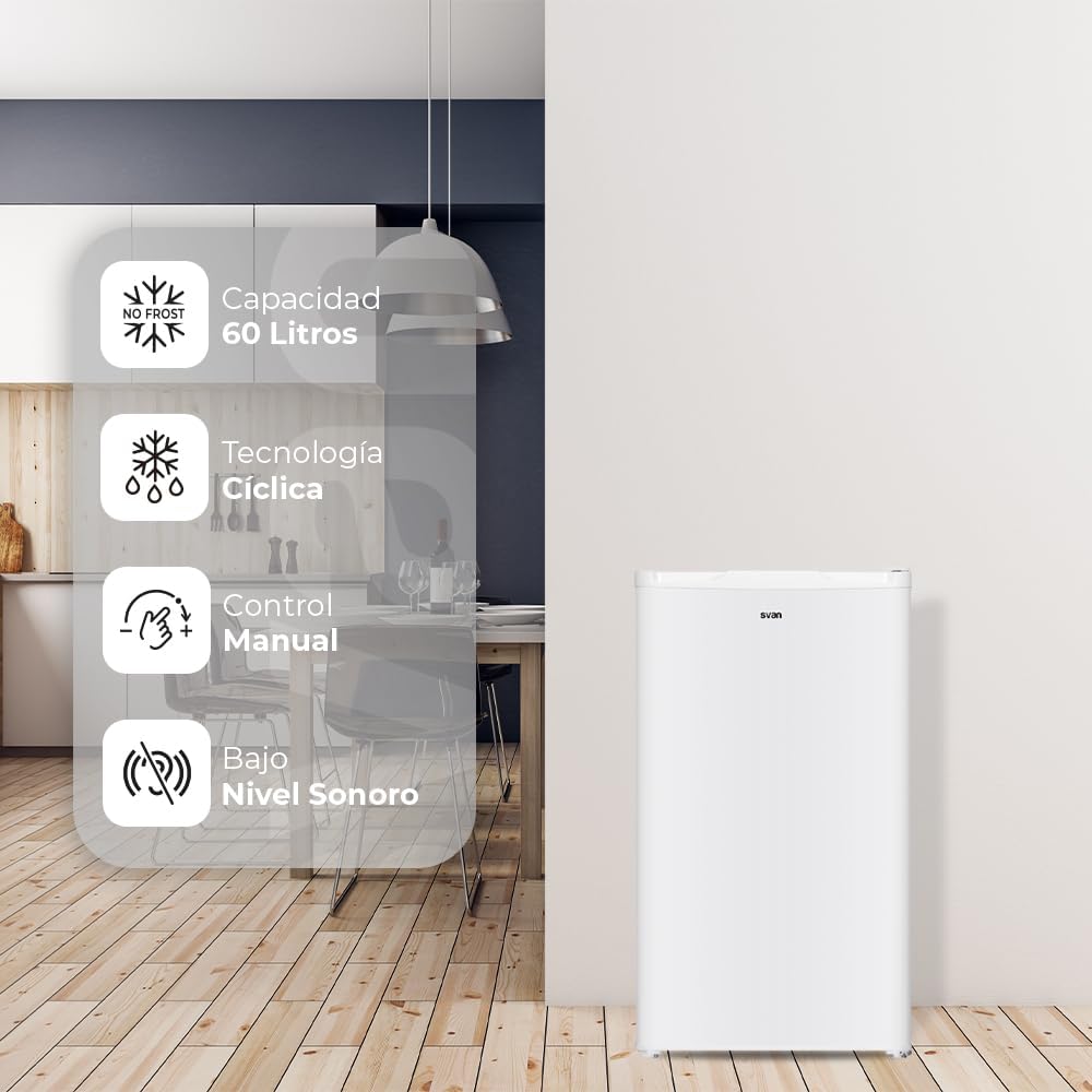 Svan Congelador Vertical Blanco SCV85502E. Capacidad 60 Litros, Puerta Reversible, Bajo nivel Sonoro, Eficiencia Energética Clase E