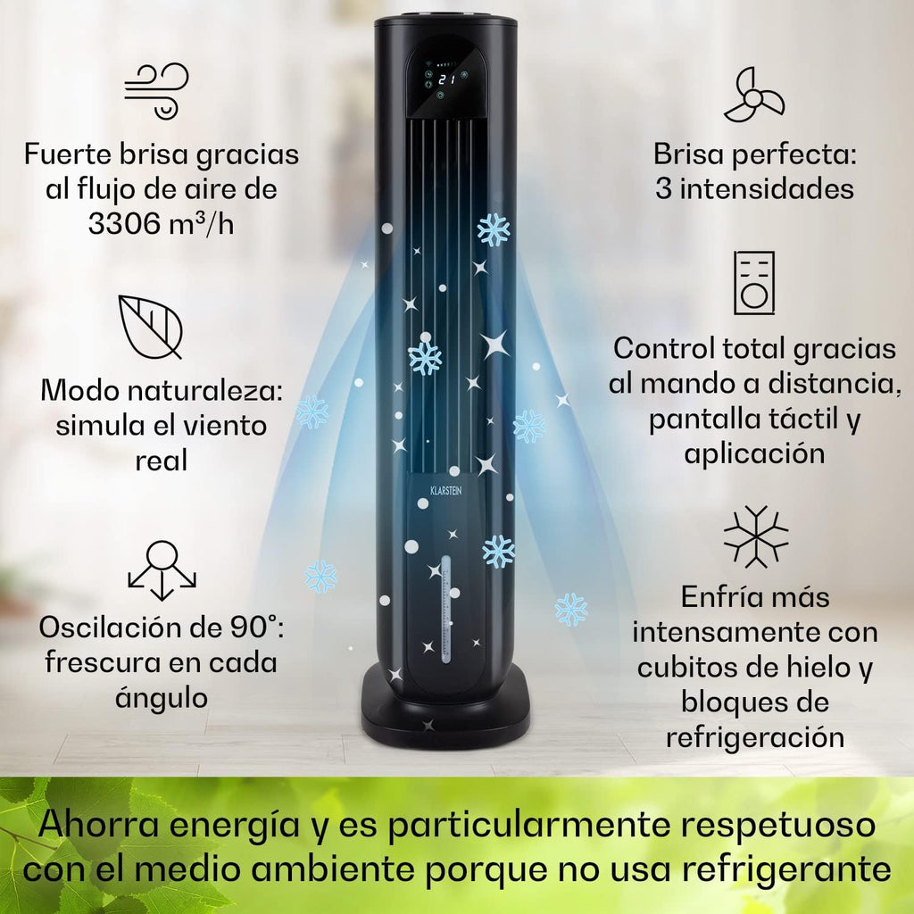 KLARSTEIN Polar Tower Smart Climatizador Evaporativo – 4 en 1: Ventilador, Humidificador & Purificador, Control App & Alexa, Depósito 7L, 3.306 m³/h, Modo Noche, Portátil con Ruedas, Negro