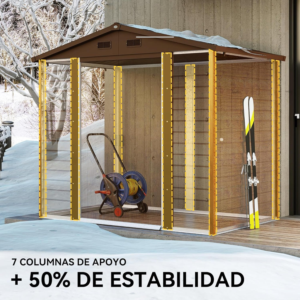 Outsunny Caseta de Jardín Exterior 3 m² 235,7x152x208,7 cm Cobertizo de Jardín Exterior Metálica con 2 Puertas Corredizas y 4 Ventanas para Almacenamiento de Herramientas Efecto Madera Natural y Café
