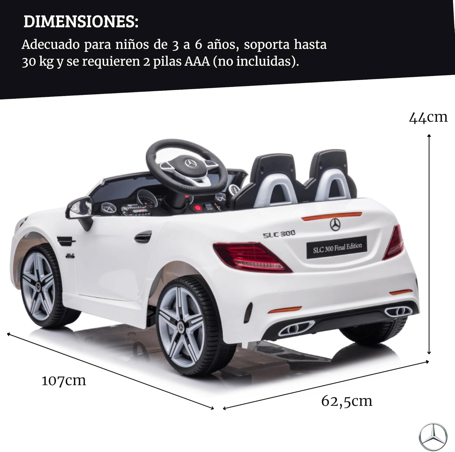 DEVESSPORT Coche Eléctrico Infantil Mercedes SLC 300 12V | con Mando, Faros LED, Música, USB y Apertura de Puertas – para Niños de 3 a 6 Años (Blanco)