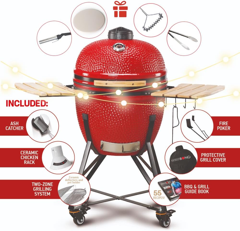 Kamado BONO BBQ - Barbacoa Grande XXL con 10 accesorios - Ø 59 cm Kamado Barbacoa con Accesorios - Parrilla ahumador rojo en la terraza, balcón o jardín
