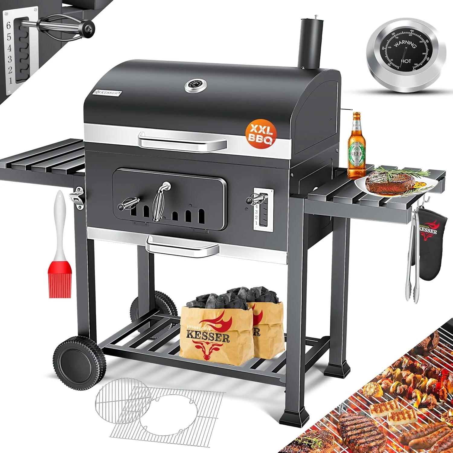 KESSER® Charcoal Grill with Grill Cart with Lid, Wheels, Stainless Steel Handle | Barbecue and Thermometer Charcoal Large BBQ Grill Camping Terrace Garden XXL Black