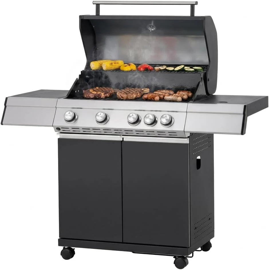 Tarrington House Paxton 4 + 1 Burner Gas Barbecue, Steel/Stainless Steel, Lid with Thermometer, Side Table, Wheels, Black