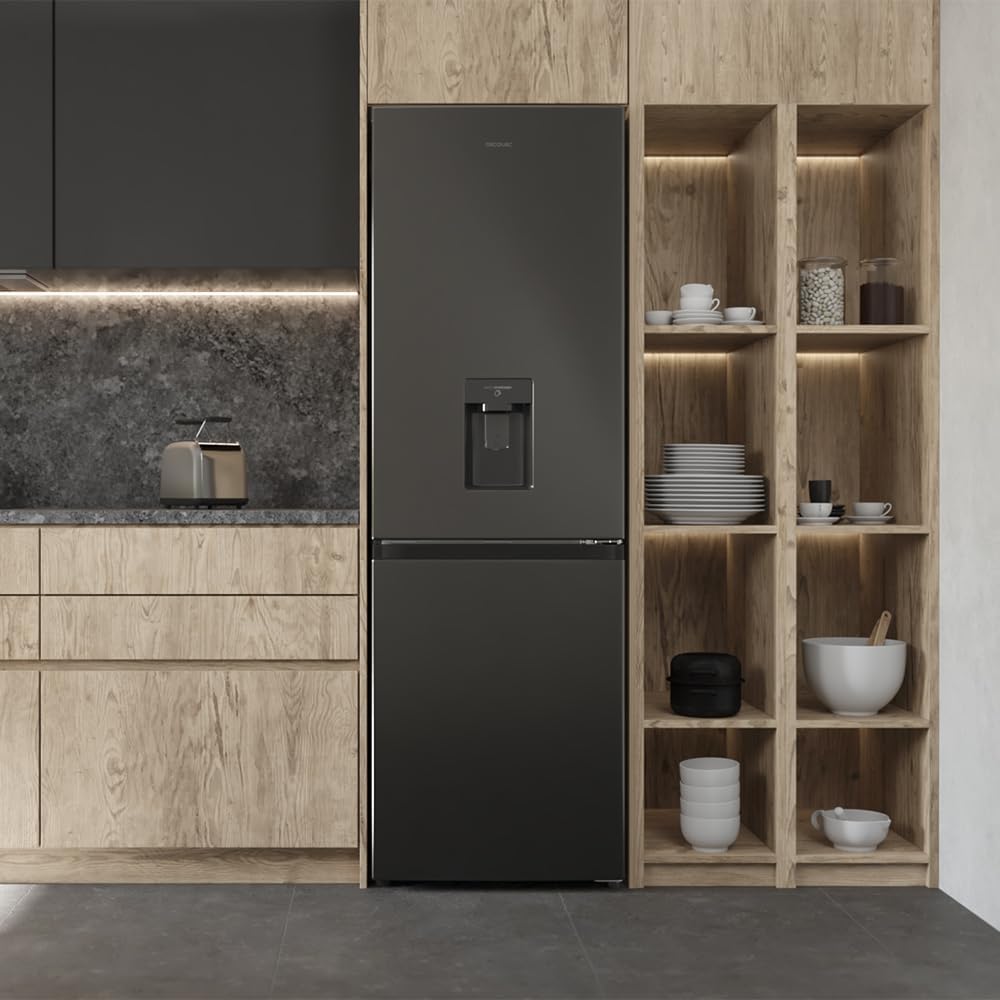 Cecotec Frigorífico Combi 2 Puertas con dispensador de agua Bolero CoolMarket Combi 296 DF WD Dark E. 296L, 60cm de ancho, Funciones FastCooling, FastFreezing y DeFrost, LED interior, Dark Inox