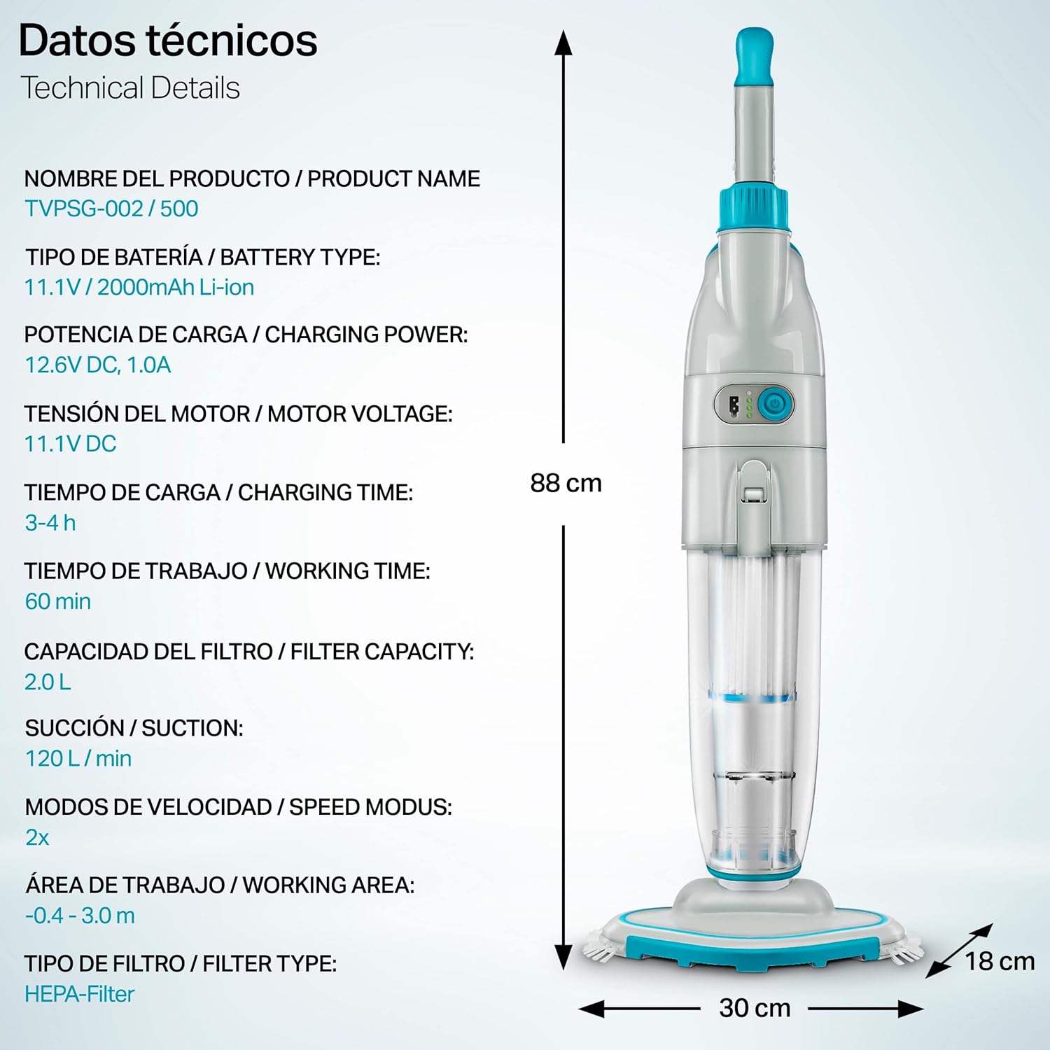 tillvex Limpiafondos Eléctrico de Piscina | Set Aspirador de Fondo Automático con Mango Telescópico | Aspiradora Inalámbrica de Limpieza con Filtro y 2 Velocidades